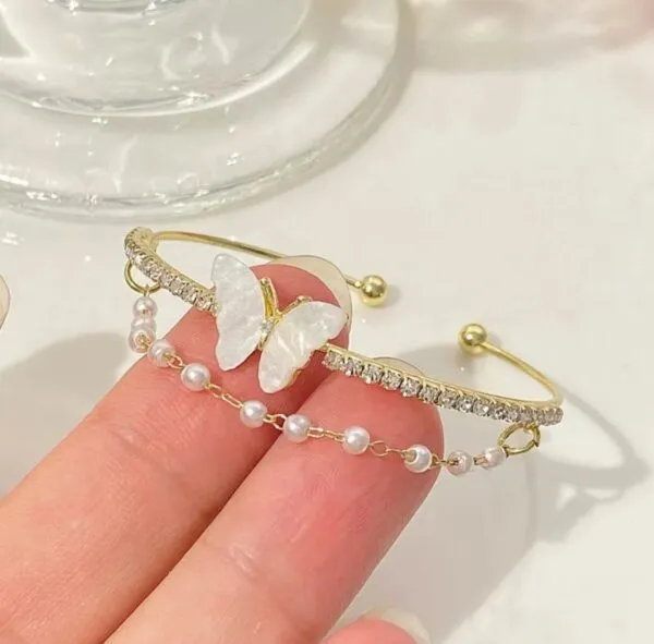 Light Luxury Double Fritillary Butterfly Pearl Bracelet – Elegant Women’s Open Personality Jewelry