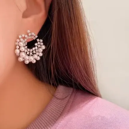 Pearl & Sparkling Zircon Stud Earrings ✨ Unique Irregular Round Design