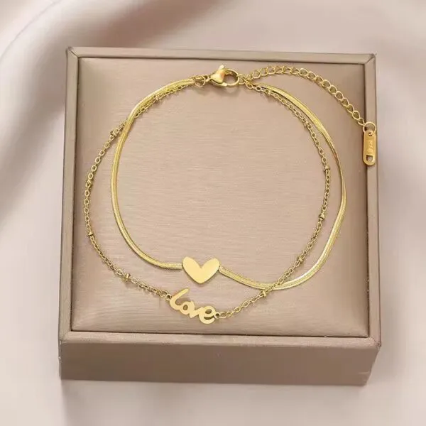 Stainless Steel Double Layer Heart Anklet for Women – Fashion Retro Jewelry, Perfect Wedding & Birthday Gift