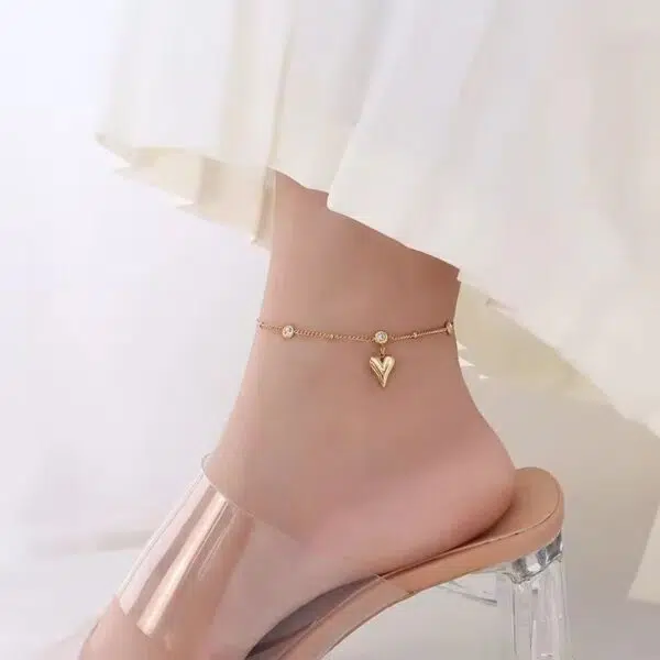 Women’s Elegant Heart Charm Anklet – Gold Stainless Steel Satellite Chain, Perfect Beach & Summer Gift