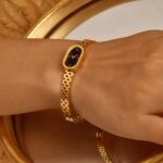 Fashion Stainless Steel Watch-Shaped Cuff Bracelet – Gold Metal Bangle for Women & Girls Elegant Jewelry Gift