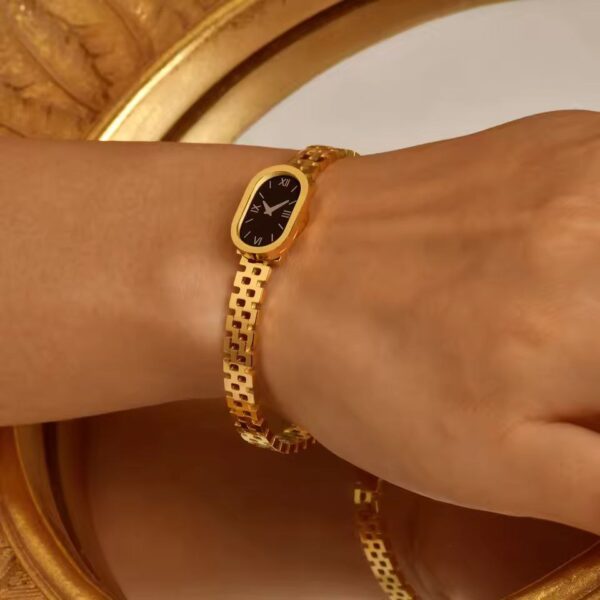 Fashion Stainless Steel Watch-Shaped Cuff Bracelet – Gold Metal Bangle for Women & Girls Elegant Jewelry Gift