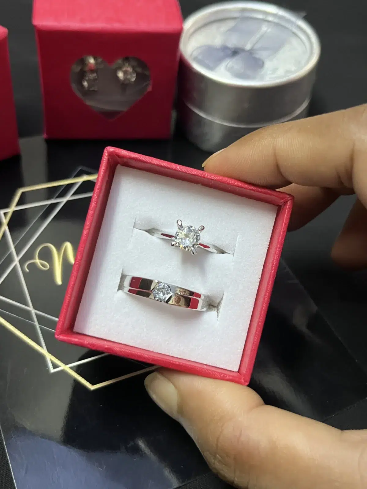Zircon Stone Couple Ring Set with Gift Box – Elegant Matching Rings for Couples - Image 1
