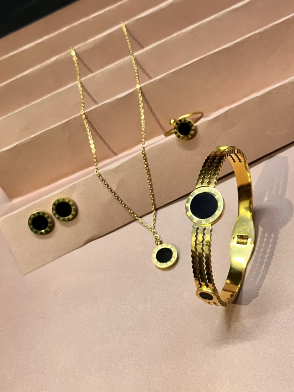 Sleek Black Face & Classic Roman Numerals Jewelry Combo Set – Necklace, Ring, Earrings & Bracelet for Women