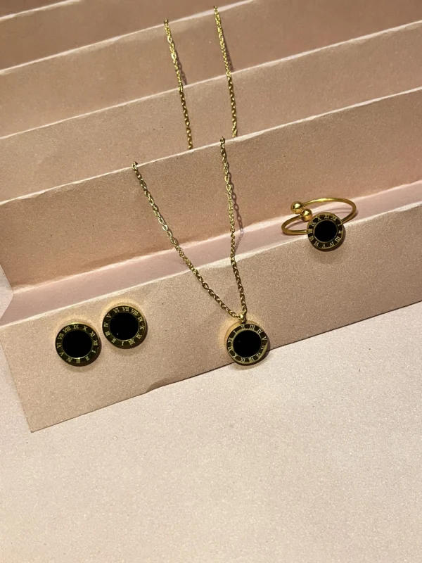 Sleek Black Face & Classic Roman Numerals Jewelry Set – Earring, Ring & Necklace for Women