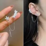 Shiny Rhinestone Tassel Clip Earrings – Long Flower Ear Cuff for Women & Girls, No Piercing - Image 2