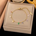 Gold-Plated Stainless Steel Zirconia Pendant Anklet for Women – Korean Romantic Foot Jewelry, Colorful & Non-Fade
