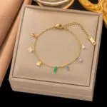 Gold-Plated Stainless Steel Zirconia Pendant Anklet for Women – Korean Romantic Foot Jewelry, Colorful & Non-Fade