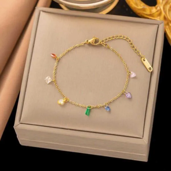 Gold-Plated Stainless Steel Zirconia Pendant Anklet for Women – Korean Romantic Foot Jewelry, Colorful & Non-Fade
