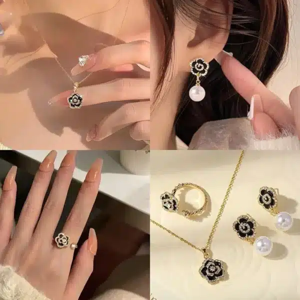4-Piece Black Floral Jewelry Set for Women | Necklace, Earrings & Ring | Fashionable & Personalized Design