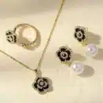 4-Piece Black Floral Jewelry Set for Women | Necklace, Earrings & Ring | Fashionable & Personalized Design - Image 2