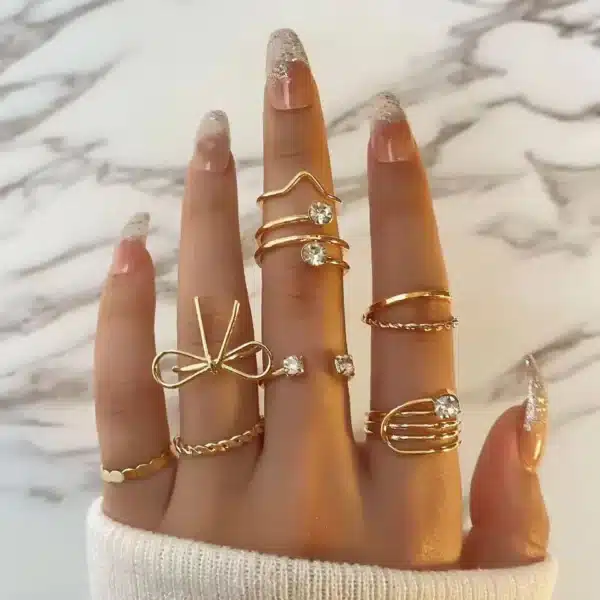 8Pcs Gold Color Bow Rings Set for Women Girls — Adjustable Metal Crystal Rings